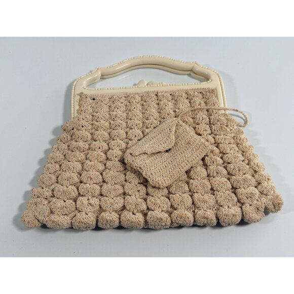 Unbranded Handbags - Vintage 1950s Beige Hand-Crocheted Purse Ivory Plastic Frame Matching Coin Pouch